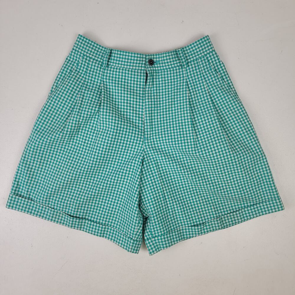 VTG 90s LizSport High Rise Green Plaid Pleated Shorts Women's Sz 28" Waist